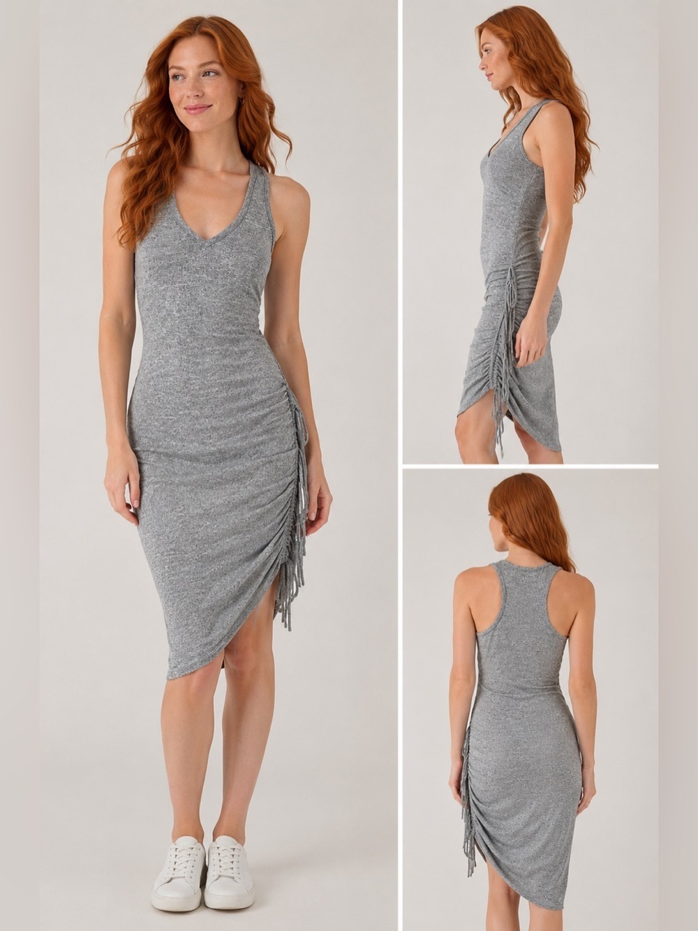Express Sleeveless Bodycon Dress Heather Gray Ruched Fringe Side Midi M